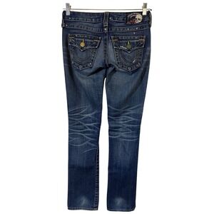 True Religion Jeans Size 25 Y2K Skull Roses Patch Low Rise Contrast Stitch Blue